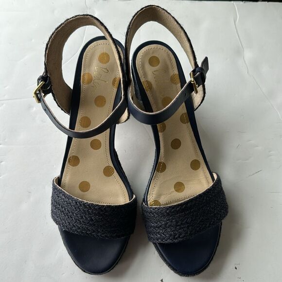 Boden Womens Sz 39 / US 8 Constance Block Heels Navy Raffia Cottagecore‎ Summer - Picture 3 of 13
